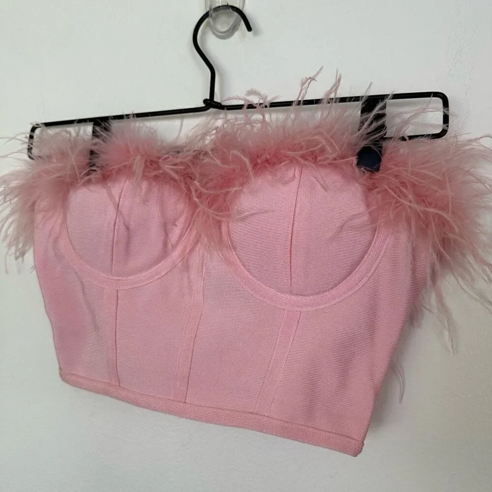 Superdown Ramona Feather Trim Bustier Top in Blush Pink - Picture 3 of 11